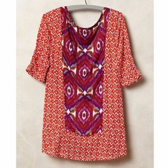 ANTHROPOLOGIE AKEMI KIN Ikat Split Neck Top Orange / Red Aztec Embroidered Boho - Picture 4 of 16